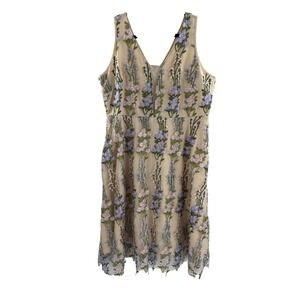 IWEMER Floral Embroidered Sheer Mesh V Neck Sleeveless Mini Dress Beige XXXL
